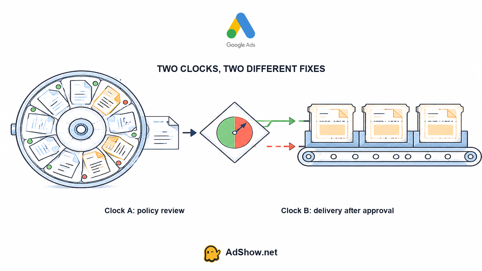 Google video ad review timeline separating policy review from campaign delivery checks