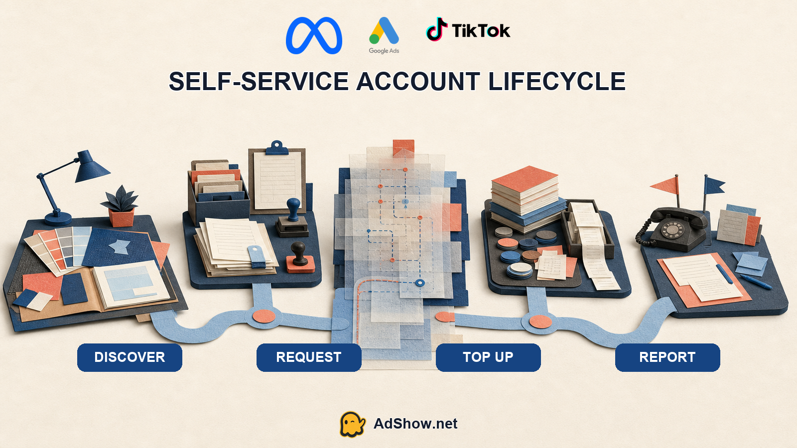 Self-service agency ad account lifecycle from offer discovery to issue reporting