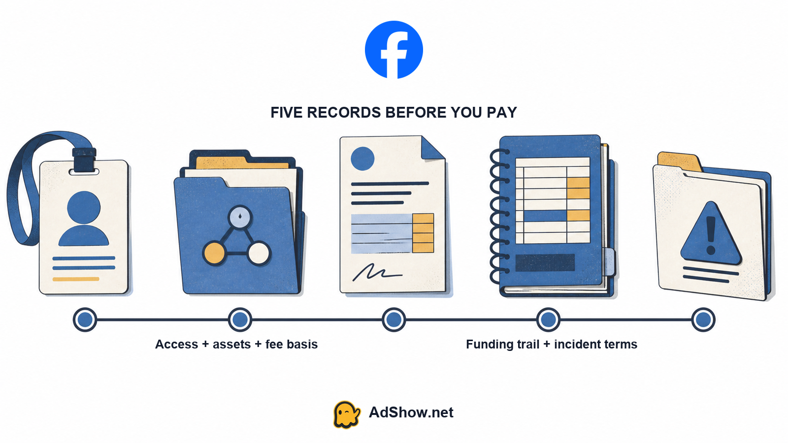Media buyer reviewing Facebook agency account access, fee records and asset ownership before renting